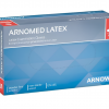 Photo de la boîte bleue contenant des gants en latex non poudrés ARNOMED, taille S, adaptés aux examens médicaux.
