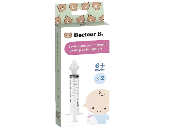 Emballage du produit Docteur B - Seringue Nasale pour Bébé, avec une illustration d'un bébé souriant et des seringues visibles, conçu pour les bébés dès 6 mois.