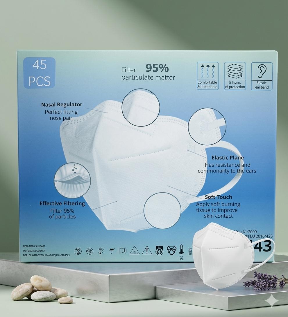 Masques FFP2– Blanc  Boîte de 45 masques Sachets individuels–Carton de 50 boites- DLU 01/2029