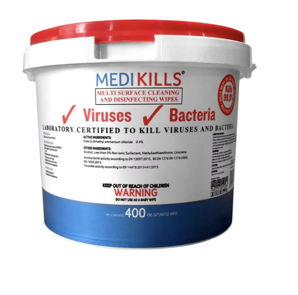 MEDIKILLS - Lingettes Antibactériennes à l'Alcool - Seau de 400 Lingettes - Efficace Contre les Virus · Élimine 99,9% des Germes & Bactéries